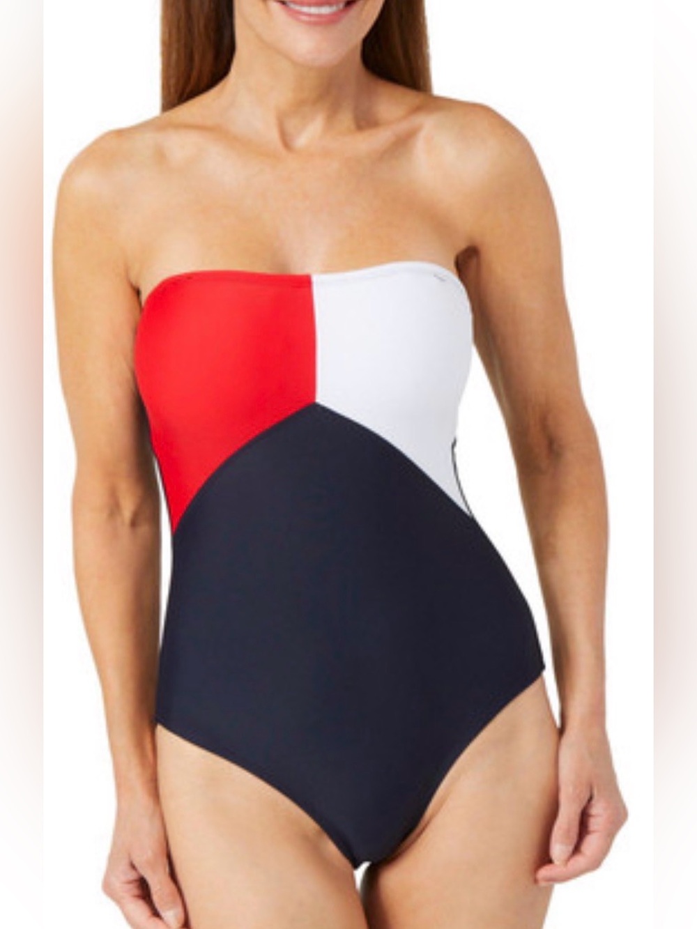 Tommy Hilfiger size L one piece strapless bandeau swimsuit sporty red white blue